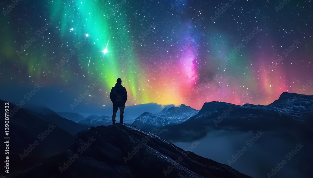 Fototapeta premium A person stands observing the aurora borealis in the night sky