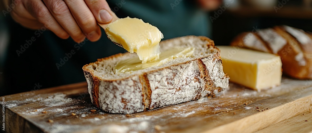 Organic butter being spread onto a slice of sourdough bread. A depiction of carbohydrates and fats