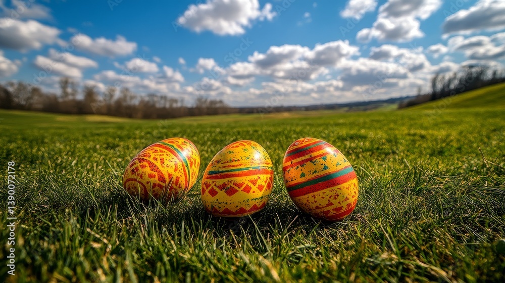 Fototapeta premium Three Decorated Easter Eggs Sitting in Green Grassy Meadow