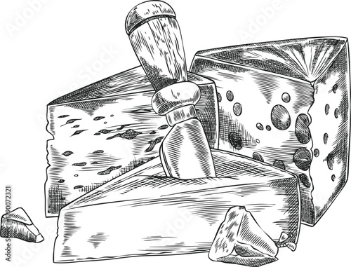 Composition of different cheeses with cheese knife vector sketch, engraved hand drawn emmental, edam, gruyere parmesan