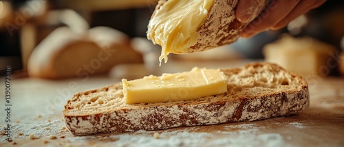 Organic butter being spread onto a slice of sourdough bread. A depiction of carbohydrates and fats