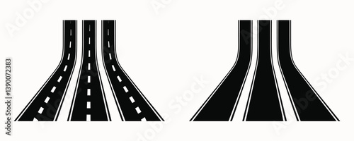 Highway and Road lane Vector Icons with Multiple Lanes and Road Markings, Curved Road and Traffic Lane Silhouettes for Maps and Navigation Graphics