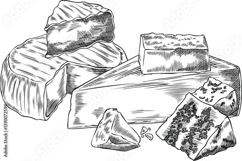 Different cheeses assortment vector sketch composition, engraved hand drawn Gorgonzola, Camembert, gruyere and parmesan