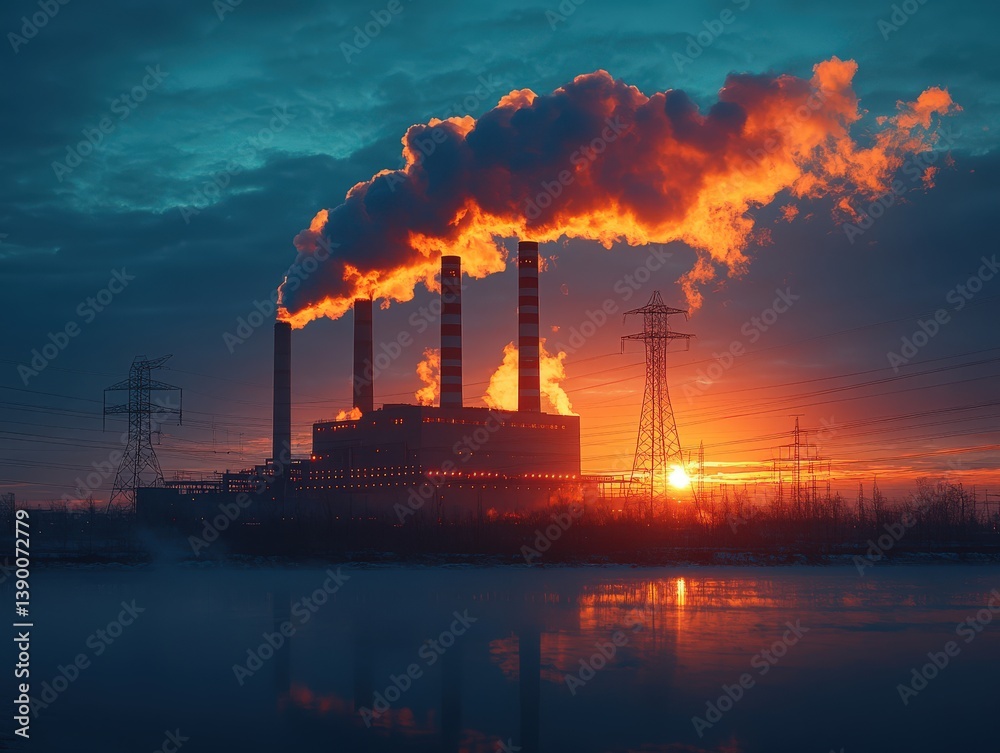 Fototapeta premium In a city electric engines of a power plant release smoke from towering chimneys against a brilliant blue sky during the evening