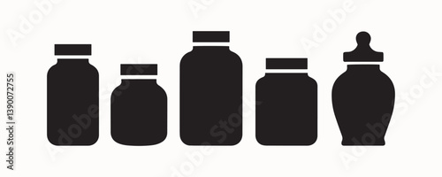  Set of Jar and Container Silhouettes for Kitchen Storage and Packaging Design, Black and White Jar Icon Set for Kitchen, Pantry, and Packaging Uses