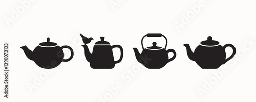 Vector Silhouette Teapot Icons in Various Shapes for Kitchen and Tea Designs, Teapot Silhouettes in Various Classic and Modern Designs for Kitchen Icons