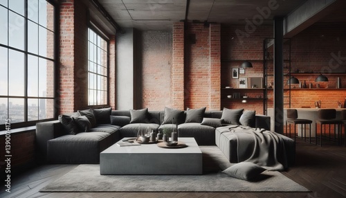 A loft style living room with exposed brick walls an L shaped ch photo