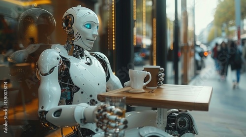 Realistic Humanoid Robot with Synthetic Skin and Mechanical Components, Sipping Coffee at a Café, Sunlit Interaction