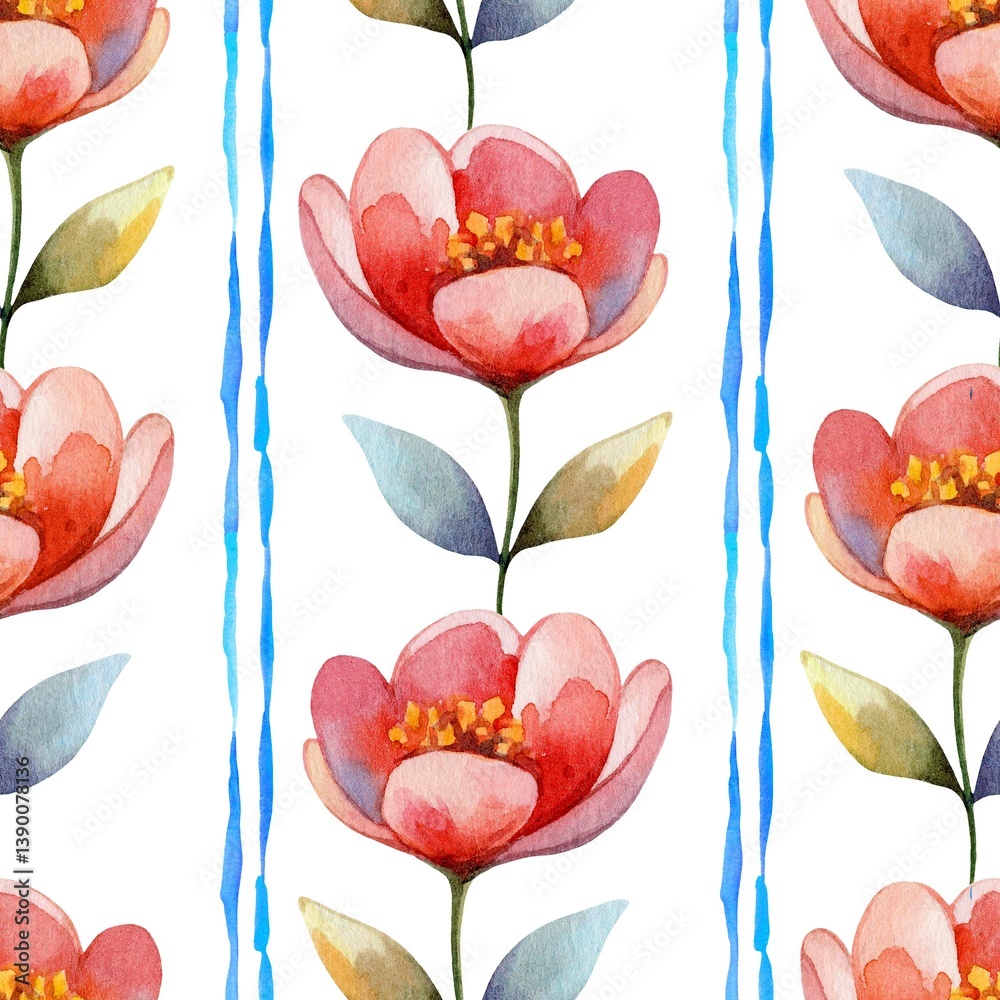 Fototapeta premium Colorful floral pattern featuring pink flowers and green leaves on a white background suitable for fabric or wallpaper design