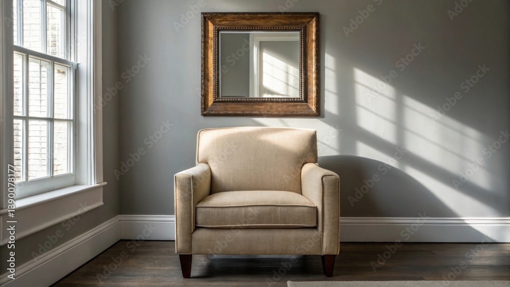 Fototapeta premium Cozy armchair with a mirror in a sunlit, minimalist room setting.