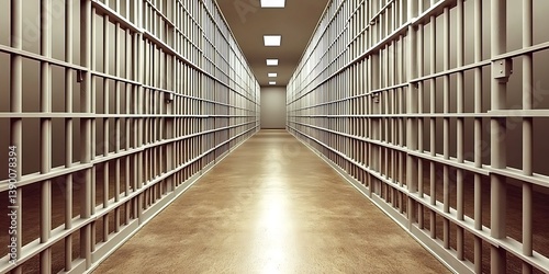 Hallway of Confinement, Rows of Cells in a Correctional Facility Interior photo