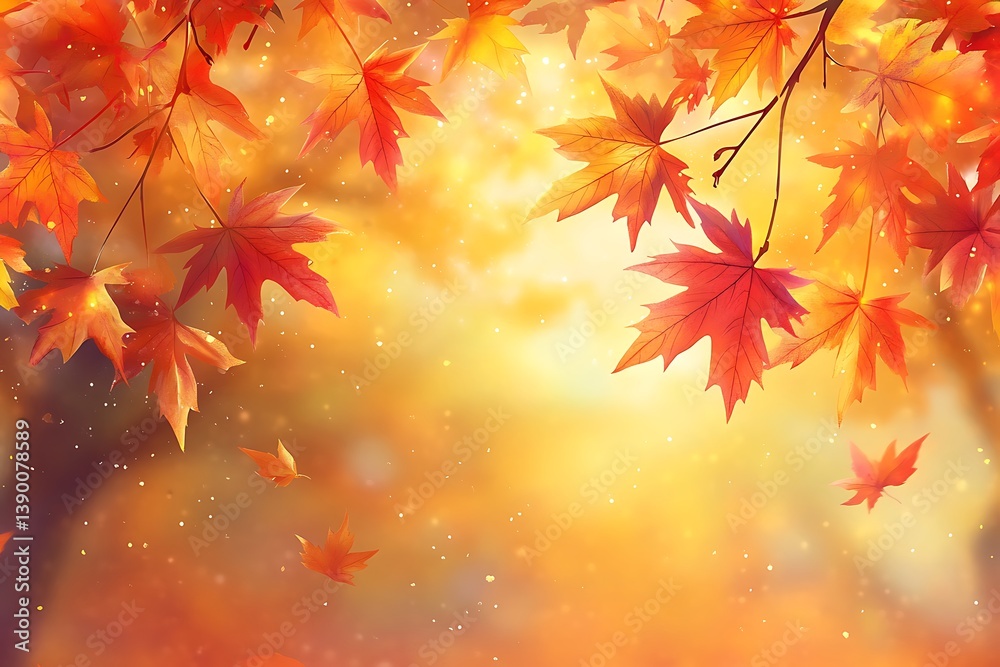 Vibrant autumn leaves gracefully falling from tree branches against warm light Vibrant autumn leaves gracefully falling from tree branches against warm light