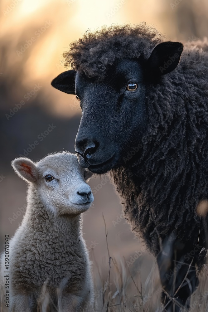Black sheep and lamb in sunset Black sheep and lamb in sunset