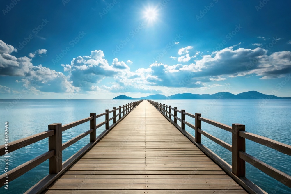 Serene wooden pier extending into a tranquil blue sea under a bright sun and fluffy clouds. Serene wooden pier extending into a tranquil blue sea under a bright sun and fluffy clouds.