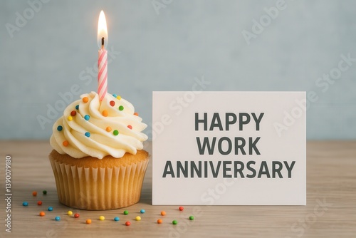 Cupcake With Candle And Work Anniversary Sign