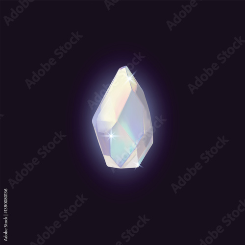 Diamond 3D vector icon, realistic sparkle gem stone with pearl shine, glowing iridescent crystal glass jewelry on dark
