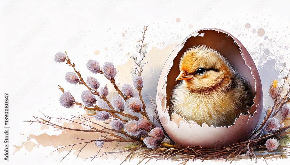 A chick hatching from an egg surrounded by catkin branches. Watercolor illustration