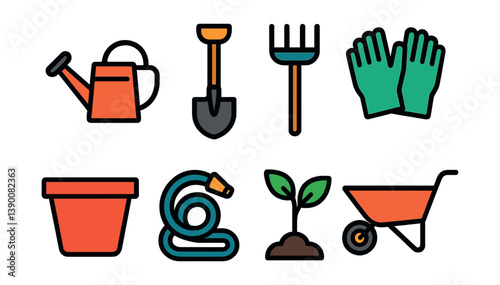 Gardening tools icons set: essential equipment for garden enthusiasts