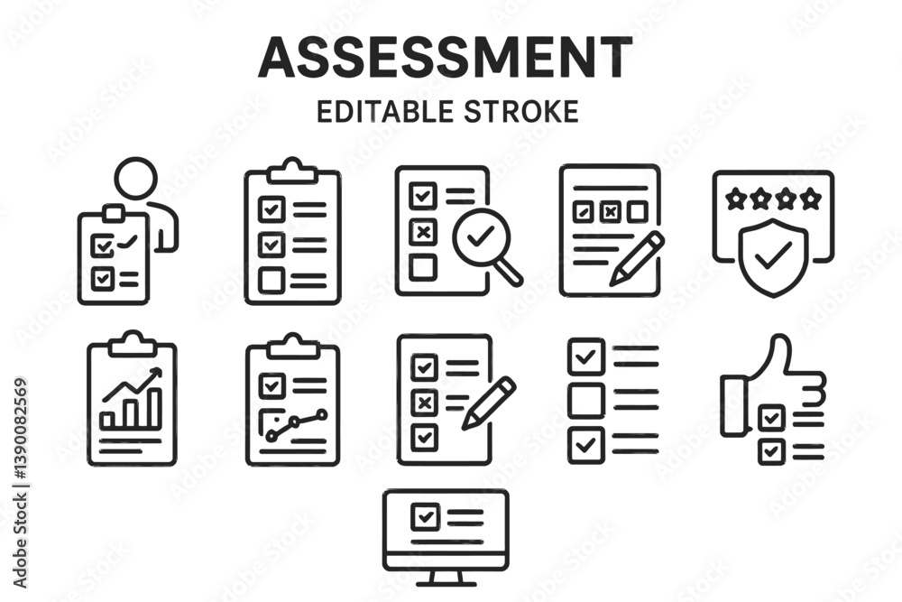 Assessment line vector icons showcasing various evaluation methods for data and performance analysis Assessment line vector icons showcasing various evaluation methods for data and performance analysis