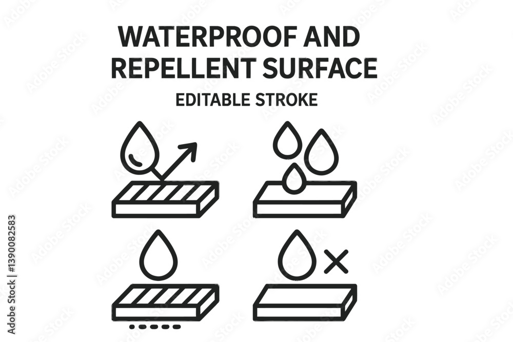 Waterproof and repellent surface concept with line vector icons for design and illustration purposes