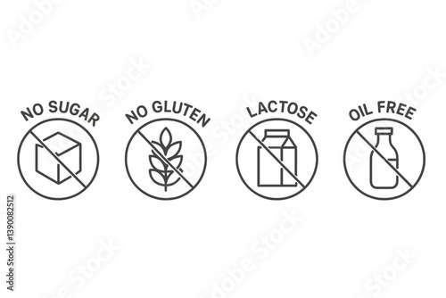 Line vector icons indicating dietary restrictions such as no sugar, no gluten, lactose-free, and oil-free