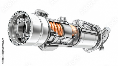 Cross-sectional view of a catalytic converter with an integrated sensor, showing flue gas flow, isolated on a white background for detailed analysis.