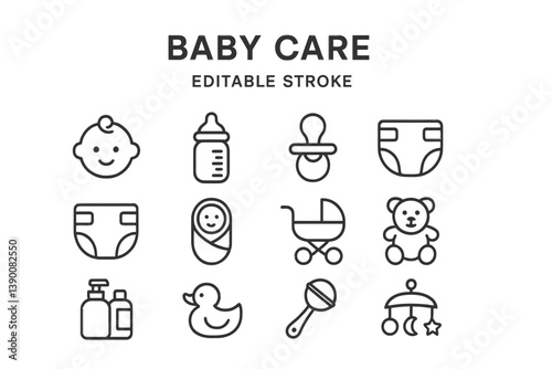 Baby care line vector icons featuring essential items for infants and toddlers, showcasing various products and accessories