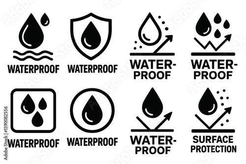 Vector icons depicting various designs related to waterproof features and surface protection concepts