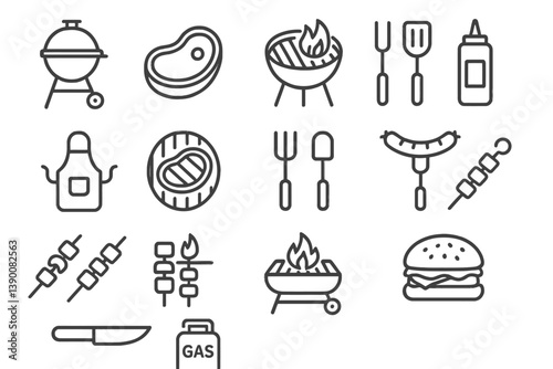 Collection of grill icons representing barbecue tools, food, and accessories for outdoor cooking activities