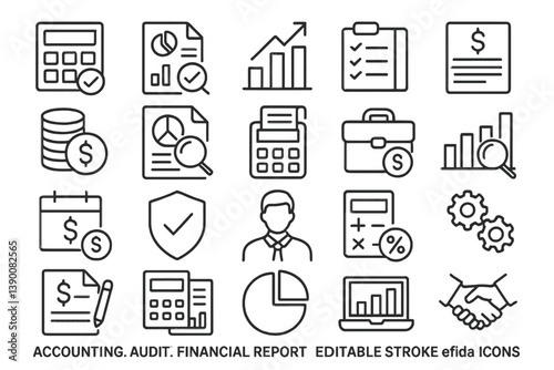 Detailed line vector icon collection depicting financial themes such as auditing, accounting, and reporting processes at work