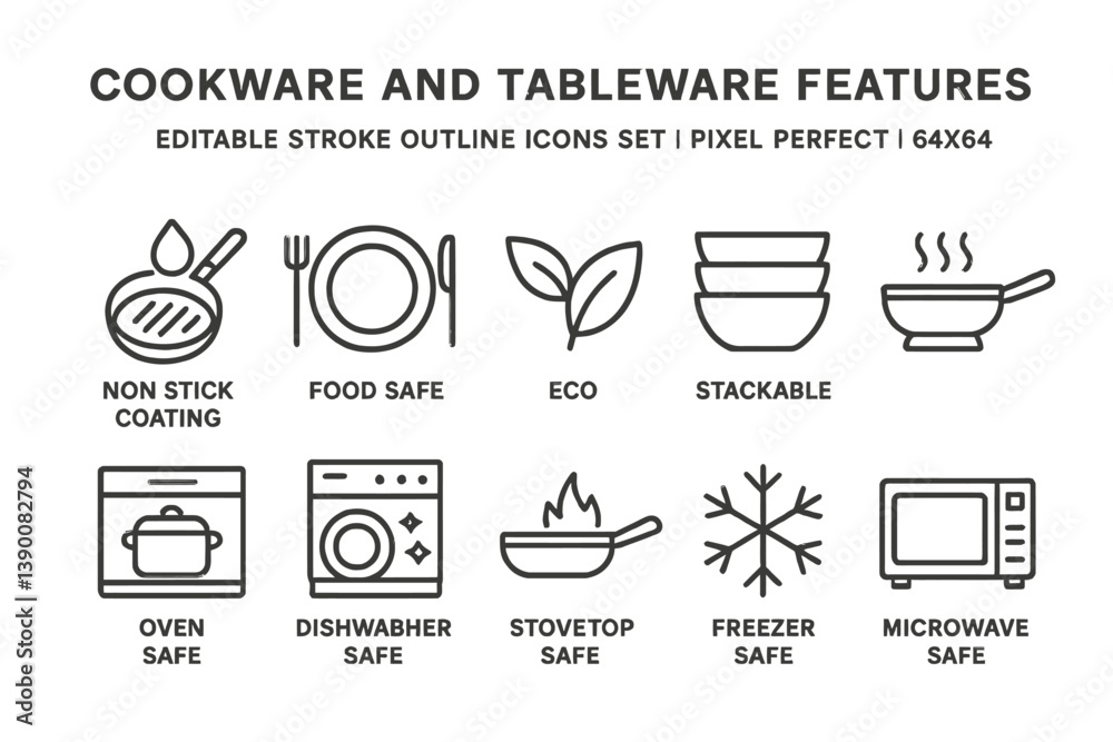 Cookware and tableware features outlined in vector icons for easy identification and reference