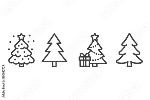 Collection of line vector icons depicting Christmas trees and festive decorations suitable for seasonal designs