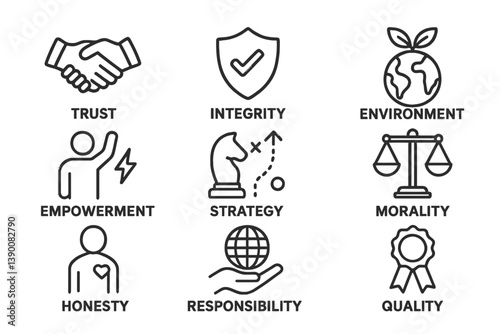Line vector icons representing trust, integrity, empowerment, and environmental values in a modern business context