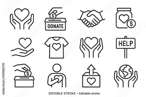 Vector icons illustrating charitable activities and community support for donations and help