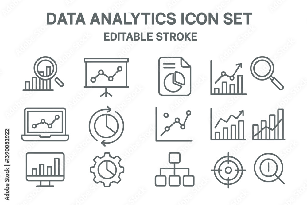 Fototapeta premium Comprehensive data analytics icon set featuring various symbols representing charts, graphs, and analysis tools