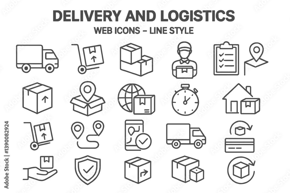 Delivery and logistics vector icons showcasing essential services and equipment in modern supply chain operations Delivery and logistics vector icons showcasing essential services and equipment in modern supply chain operations