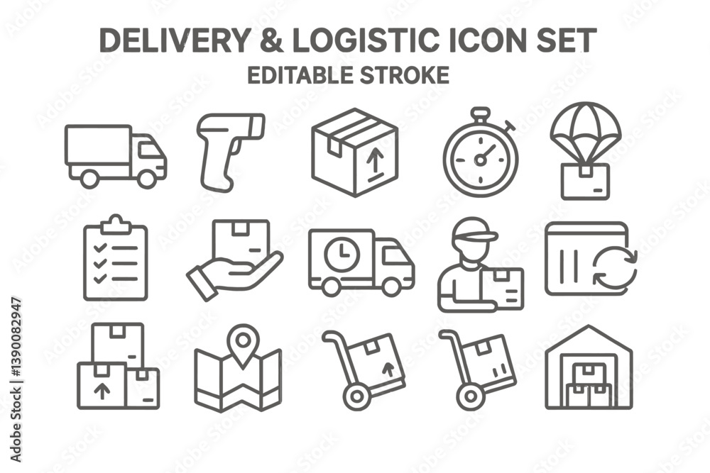 Delivery and logistic line vector icons set showcasing vehicles, tools, and packaging elements used in shipping and transportation Delivery and logistic line vector icons set showcasing vehicles, tools, and packaging elements used in shipping and transportation