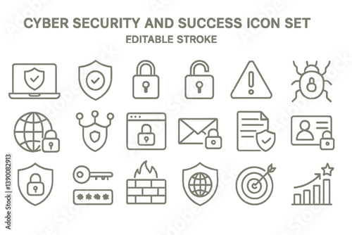 Cyber security and success icon set featuring various symbols for protection, data safety, and technology reliability
