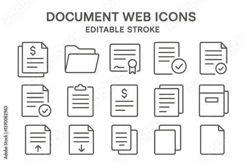 Document web icons including folders, files, and checklists displayed in a line vector style suitable for various digital applications