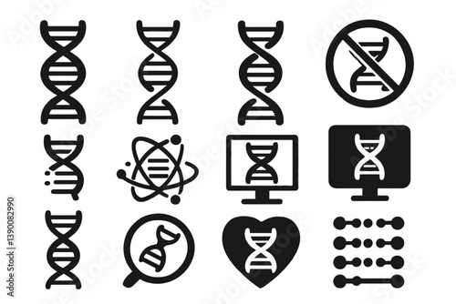 Vector icons depicting DNA strands, science concepts, and research symbols related to genetics and biotechnology activities