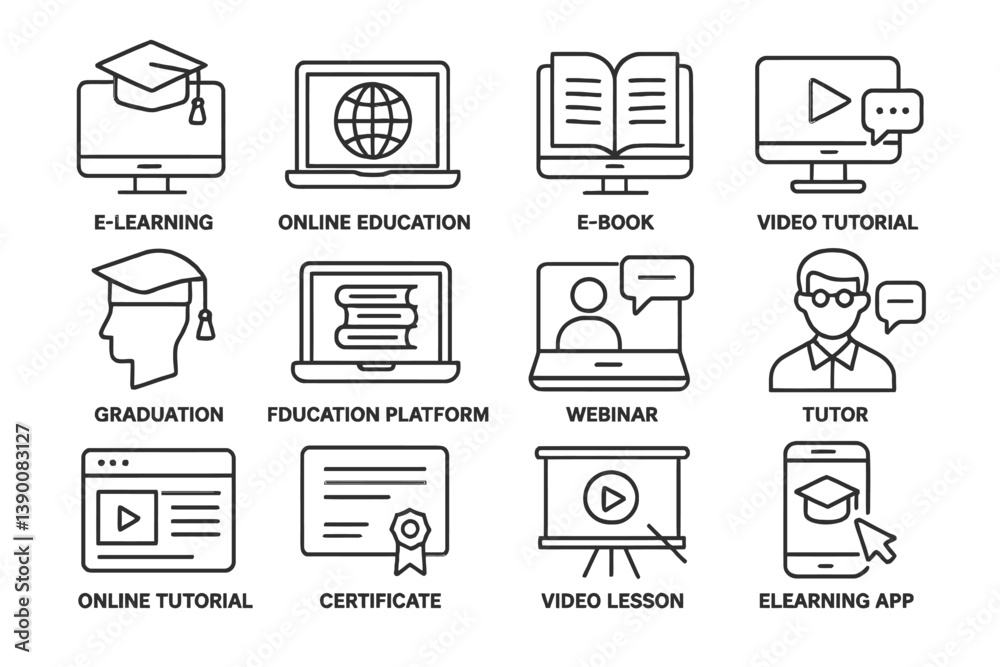 Collection of line vector icons representing online education and e-learning tools for modern learning environments Collection of line vector icons representing online education and e-learning tools for modern learning environments