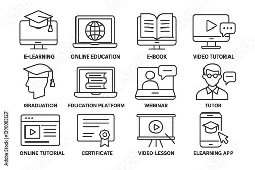 Collection of line vector icons representing online education and e-learning tools for modern learning environments