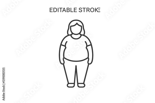 Line vector icon of a plus-sized woman standing confidently in a relaxed pose, showcasing body positivity in a simple design