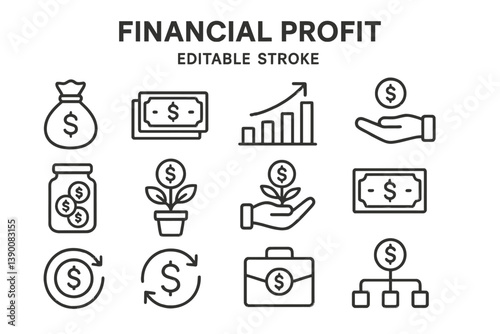 Financial profit concept depicted through minimalist line vector icons illustrating money, growth, and investments in a clear and organized layout