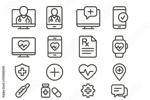 Line vector icons representing healthcare and telemedicine concepts showing various medical devices and symbols in a modern design