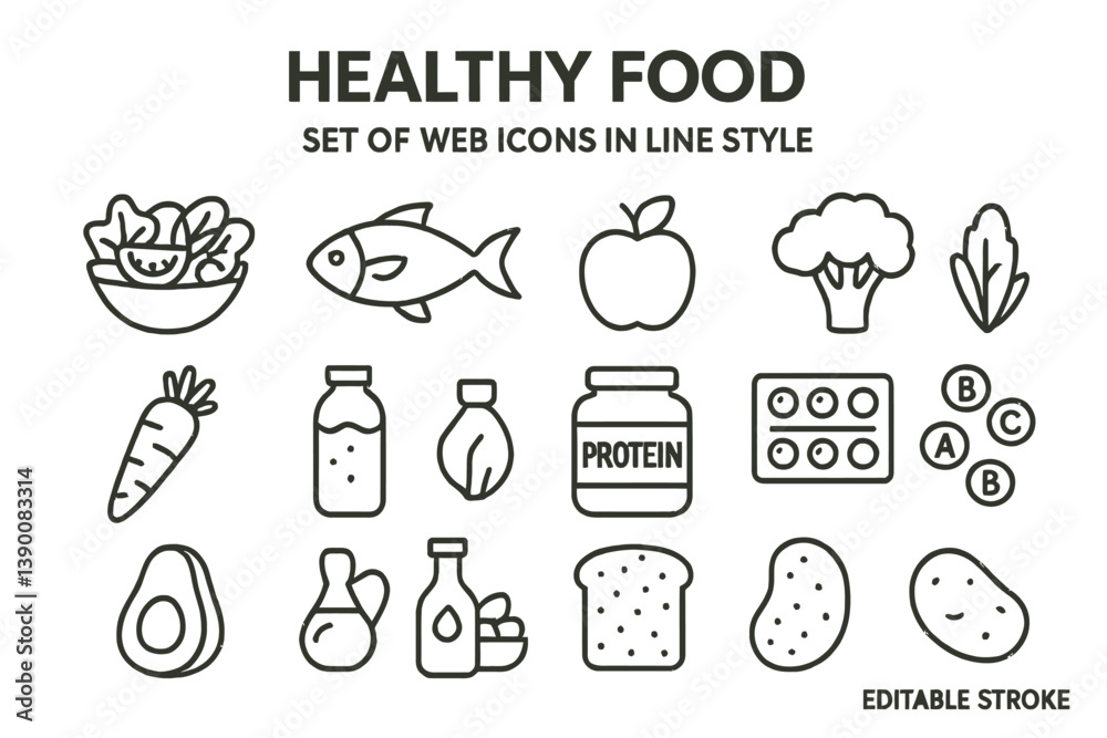 Healthy food icons in line vector style showcasing various nutritious items and drinks for a balanced diet