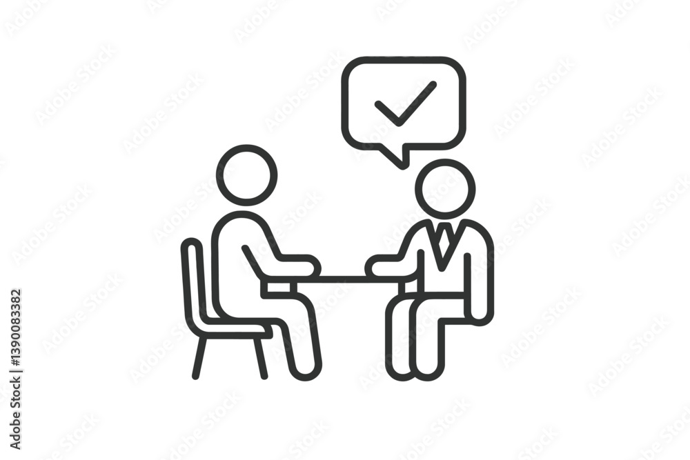 Two people engaging in a discussion with a checkmark symbolizing agreement in a professional setting Two people engaging in a discussion with a checkmark symbolizing agreement in a professional setting
