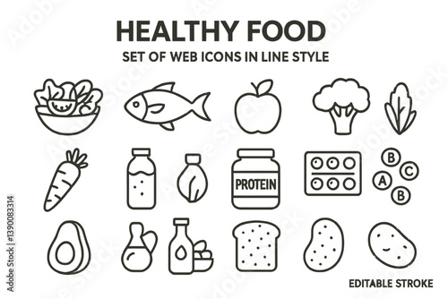 Healthy food icons in line vector style showcasing various nutritious items and drinks for a balanced diet