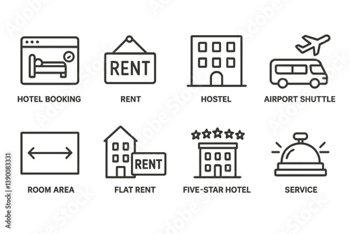 Hotel booking and rental services icons illustrating accommodation options and travel convenience