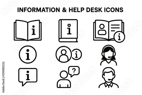 Information and help desk icons depicting various support and assistance scenarios for users in a minimalist line vector style